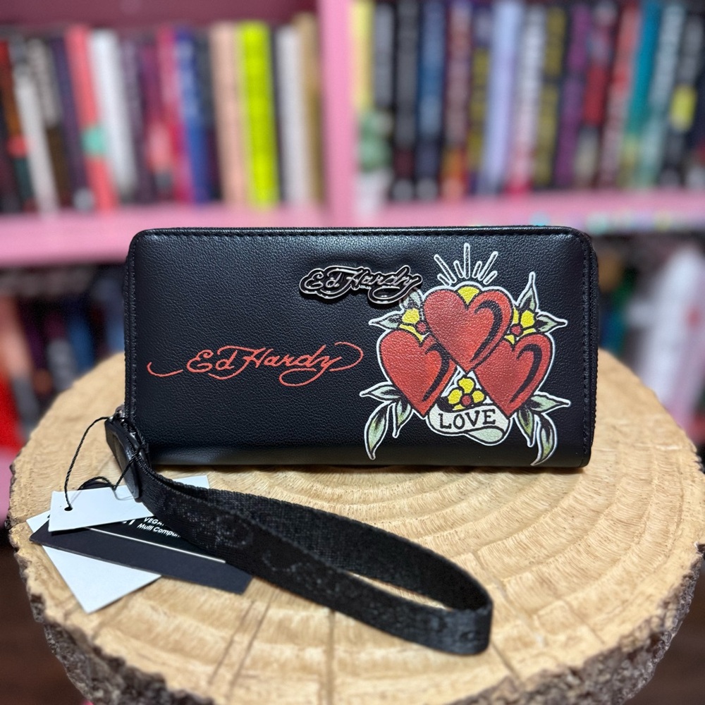 Ed Hardy Black Wallet with Heart and Love Design